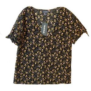 NWT MODCLOTH Top Blouse L Floral Black Pink Yellow Bow Cut-Out Short-Slv V-Neck